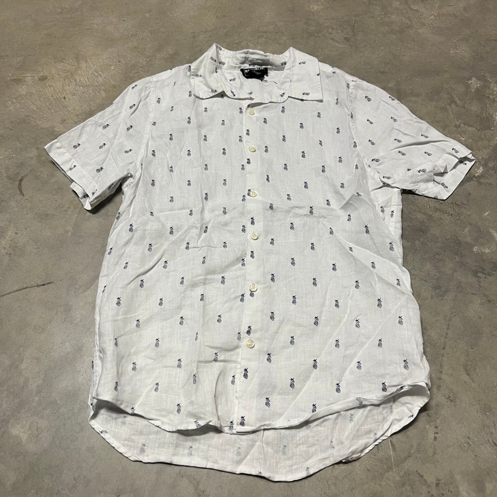 For The Republic Mens White 100% Linen Pineapple Print Short Sleeve Shirt Small